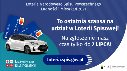 Na grafice jest napis: Loteria Narodowego Spisu Powszechnego Ludności i Mieszkań 2021.To ostatnia szansa na udział w Loterii Spisowej! Na zgłoszenie masz czas tylko do 7 lipca! Po lewej stronie widać samochód i dwie karty przedpłacone. Na dole grafiki są cztery małe koła ze znakami dodawania, odejmowania, mnożenia i dzielenia, obok nich napis: Liczymy się dla Polski! Po środku jest adres strony internetowej: loteria.spis.gov.pl. W prawym dolnym rogu jest logotyp spisu: dwa nachodzące na siebie pionowo koła,