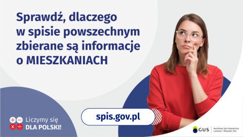 Na grafice jest napis: Sprawdź, dlaczego w spisie powszechnym zbierane są informacje o mieszkaniach. Po prawej stronie widać kobietę z zaciekawioną miną. Na dole grafiki są cztery małe koła ze znakami dodawania, odejmowania, mnożenia i dzielenia, obok nich napis: Liczymy się dla Polski! Pośrodku jest adres strony internetowej: spis.gov.pl. W prawym dolnym rogu jest logotyp spisu: dwa nachodzące na siebie pionowo koła, GUS, pionowa kreska, Narodowy Spis Powszechny Ludności i Mieszkań 2021