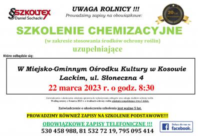 szkolenia chemizacyjnego uzupełniającego ze stosowania środków ochrony roślin dla mieszkańców gminy Kosów Lacki. 